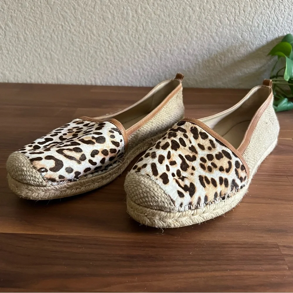 Stuart Weitzman The Camping Espadrilles Leopard Hair Calf Leather Tan, size 10.5
